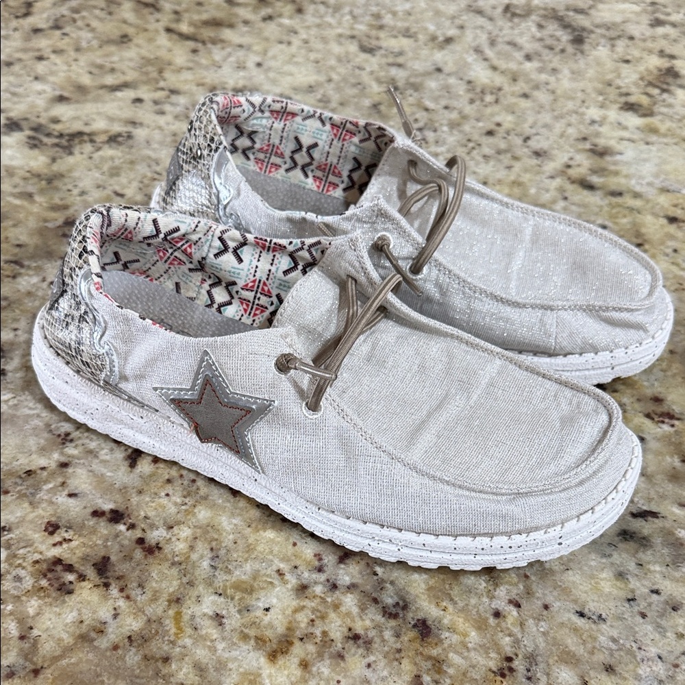 Hey Dude Beige Canvas Slip-On Shoes with Red and Teal Pattern
